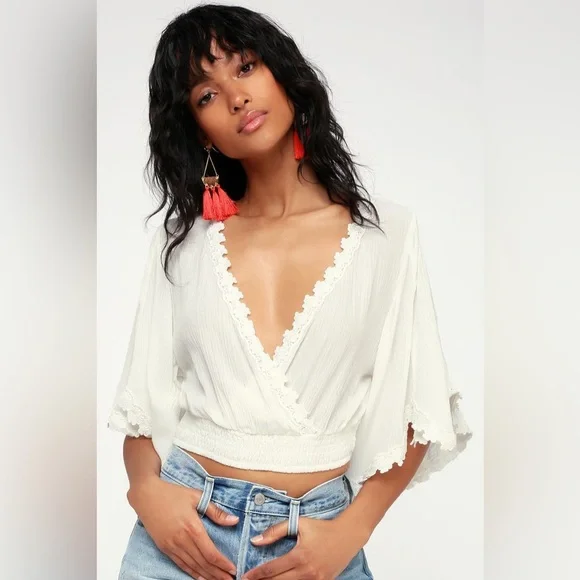Lulus Pacifica White Lace Crop Top NWT Size S • Boho Lace Peasant Blouse - Picture 2 of 5